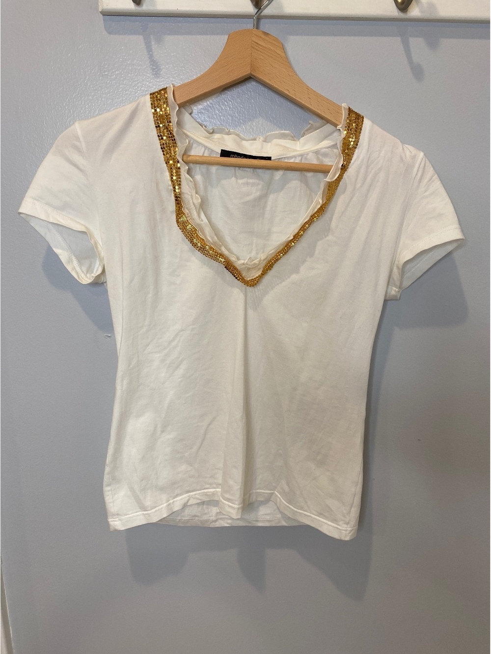 Y2K Roberto Cavalli short sleeve white jersey v-neck tee gold beaded trim small